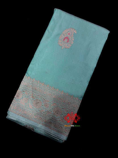 Pure Banarasi  Handloom Katan Silk Antique Zari Meenakari Saree In Shades Of Firozi