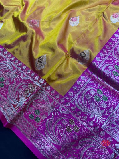 Pure Banarasi  Handloom Katan Silk Antique Meena Zari Saree In Cross Shades Of Yellow/Pink