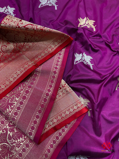 Pure Banarasi  Handloom Katan Silk  Antique Dual Zari Saree In Shades Of Wine