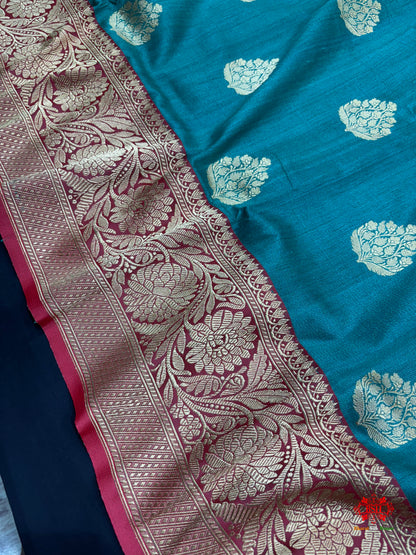 Blue Shade Pure Banarasi Tusser Moonga Silk Saree