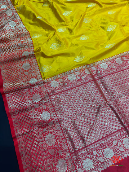 Pure Banarasi  Handloom Katan Silk Antique Zari Saree In Shades Of Yellow