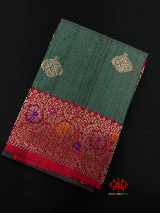 Green Shade With Meena Border Pure Banarasi Tusser Moonga Silk Saree