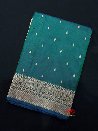 Pure Banarasi  Handloom Katan Silk Antique Zari Saree In Cross Shades Of Green/Blue