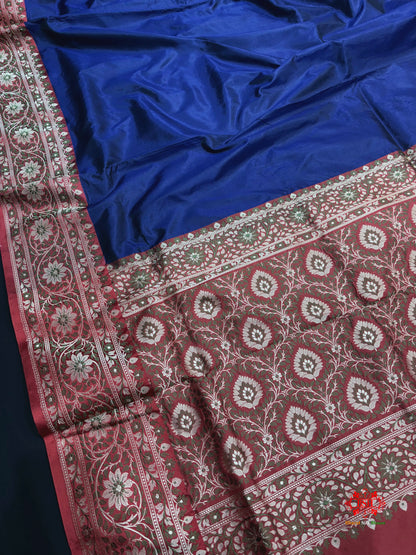 Pure Banarasi  Handloom Katan Silk  Reshami Zari Saree In Shades Of Navy Blue With Red Border