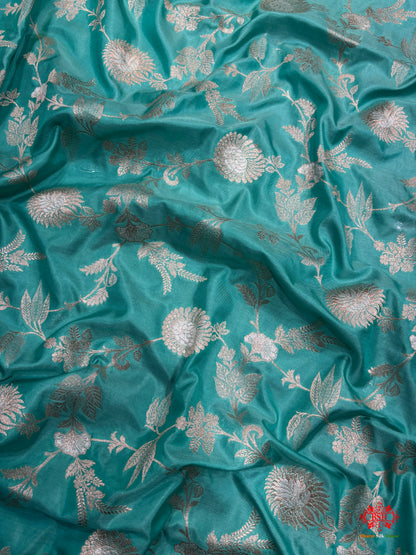 Handloom Banarasi Pure Katan Silk Opara Sona Rupa Dual Zari Saree Floral Jaal In Shades Of Firozi