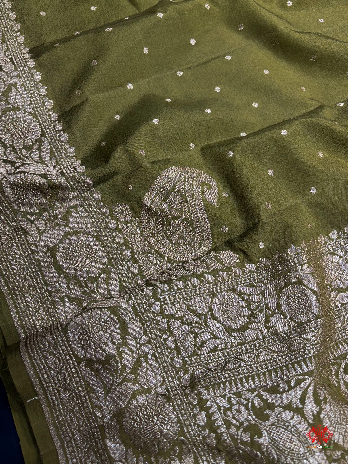 Pure Silk Crape Khaddi Georgette Saree With Antique Zari In Shades Of Green