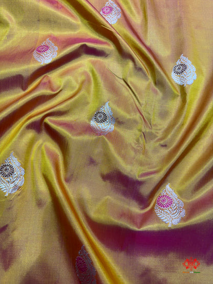 Pure Banarasi  Handloom Katan Silk Antique Meena Zari Saree In Cross Shades Of Yellow/Pink