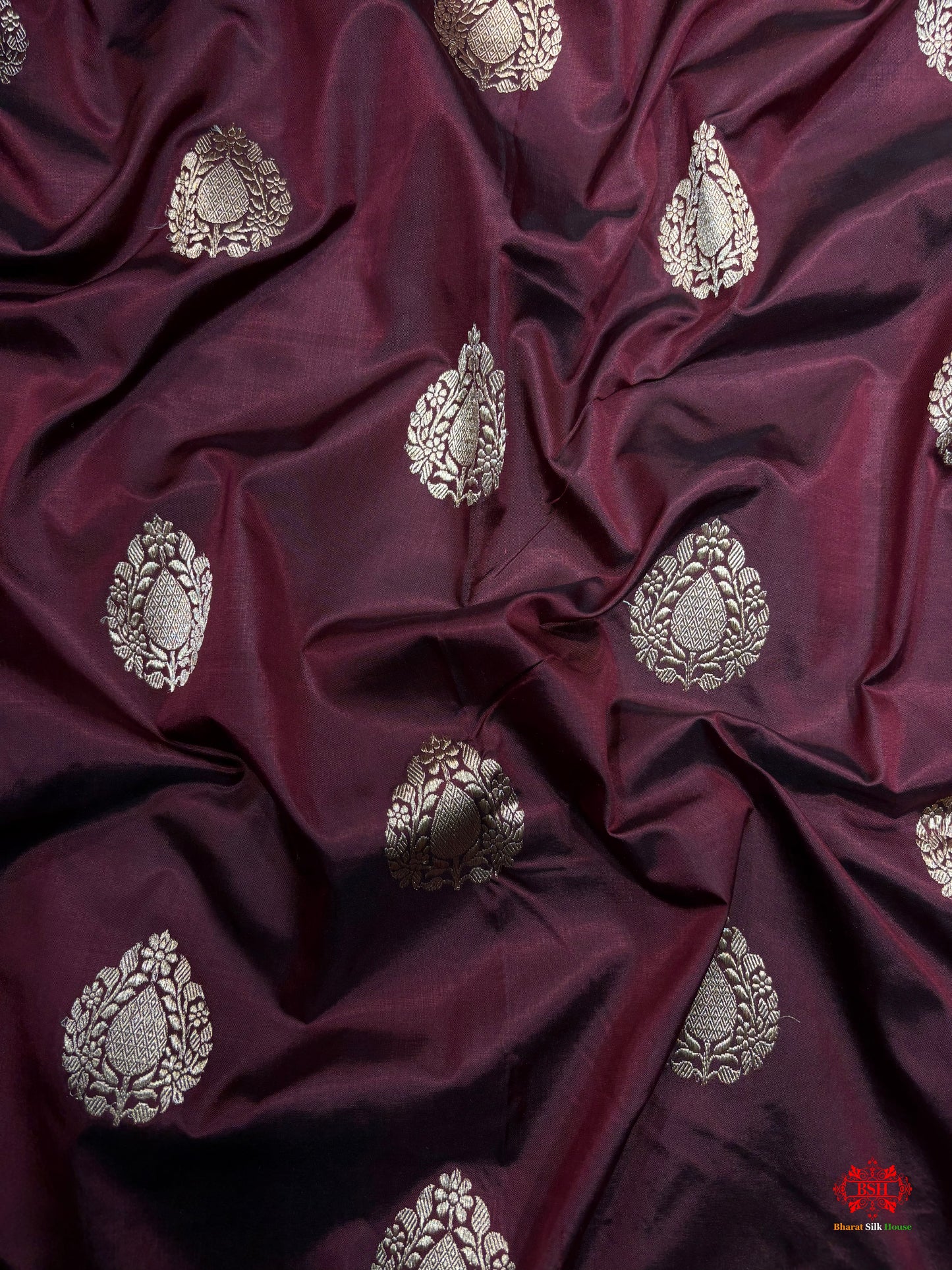 Pure Banarasi  Handloom Katan Silk  Antique Zari Saree In Shades Of Garnet