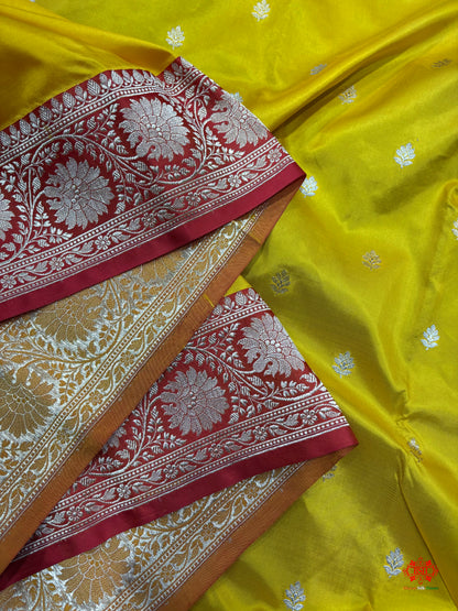 Pure Banarasi  Handloom Katan Silk  Antique Dual Zari Saree In Shades Of Yellow