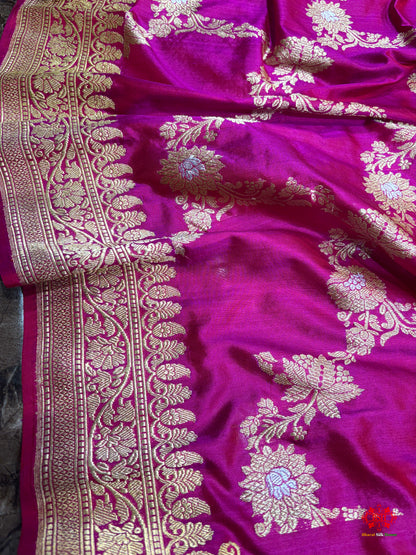 Handloom Banarasi Pure Katan Silk Opara Sona Rupa Dual Zari Saree Floral Jaal In Shades Of Pink