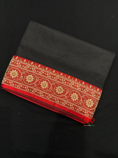 Pure Banarasi  Handloom Katan Silk Reshami Zari Saree In Shades Of Black With Red Border