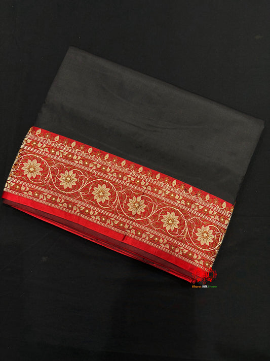 Pure Banarasi  Handloom Katan Silk Reshami Zari Saree In Shades Of Black With Red Border