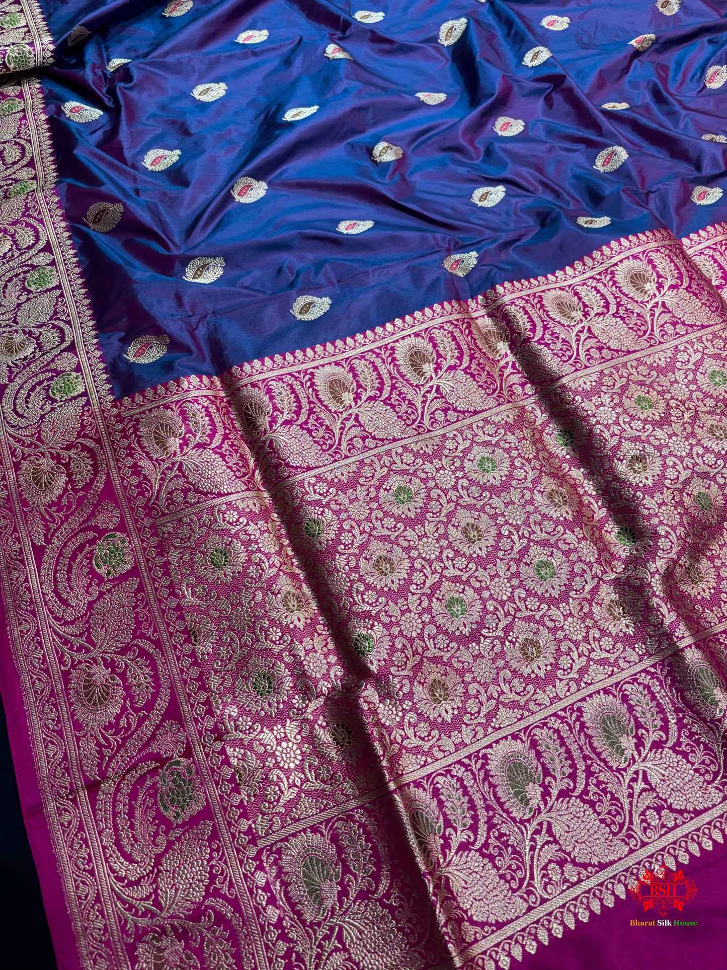 Pure Banarasi  Handloom Katan Silk Antique Meena Zari Saree In Cross Shades Of Blue/Pink