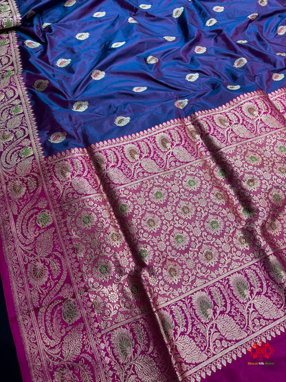 Pure Banarasi  Handloom Katan Silk Antique Meena Zari Saree In Cross Shades Of Blue/Pink