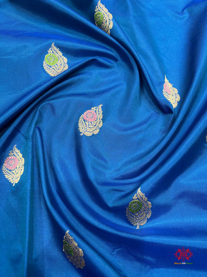 Pure Banarasi  Handloom Katan Silk Antique Meena Zari Saree In Shades Of Blue