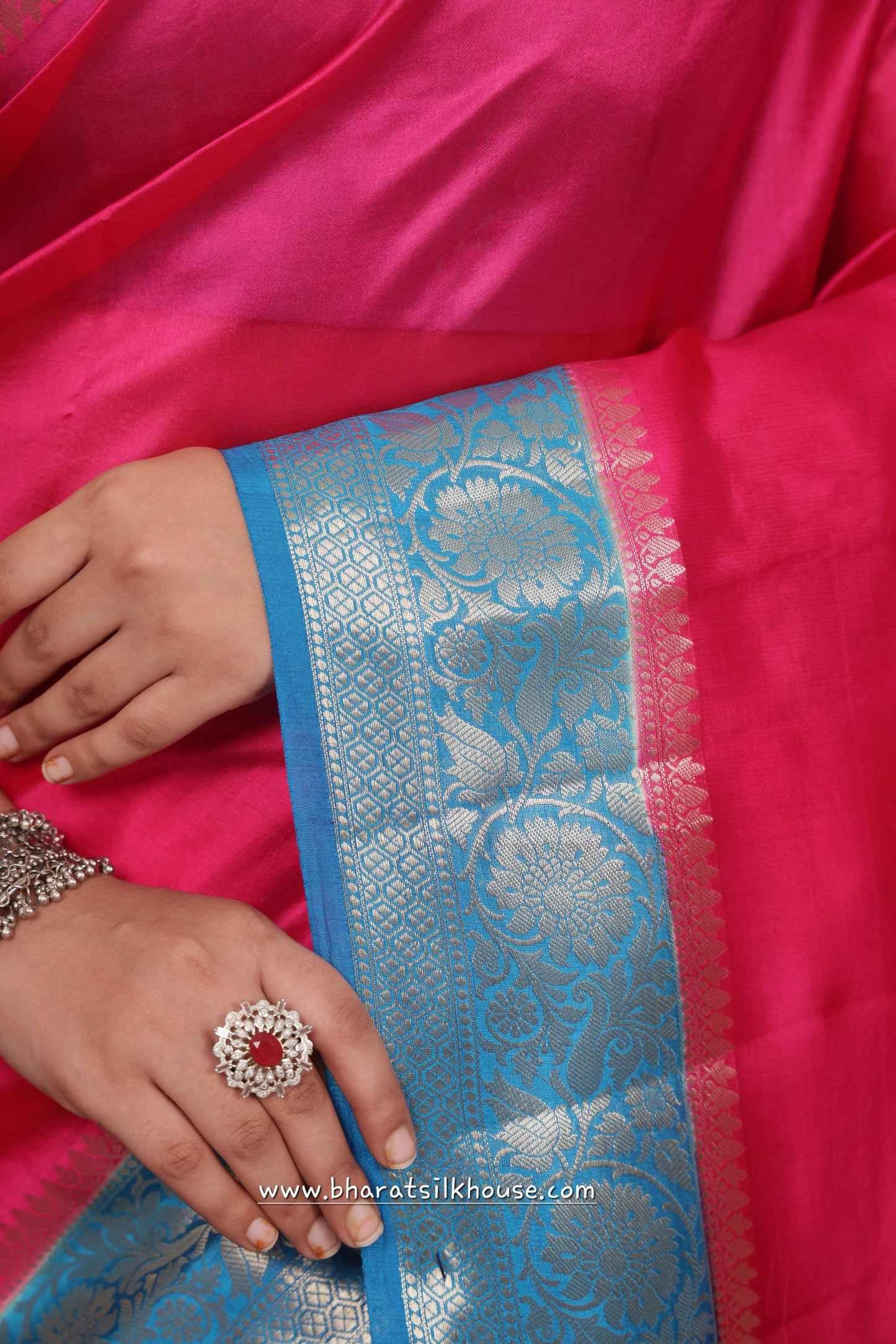 Pink With Blue Border Pure Dupion Silk Saree