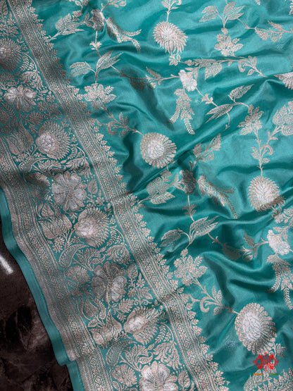 Handloom Banarasi Pure Katan Silk Opara Sona Rupa Dual Zari Saree Floral Jaal In Shades Of Firozi