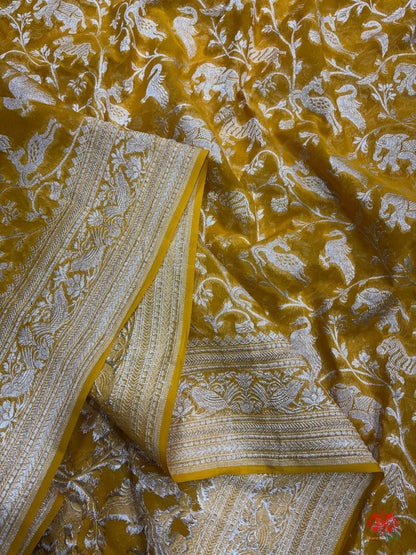 Shade Of Yellow Pure Chiffon Metallic Zari Pure Banarasi Silk Saree