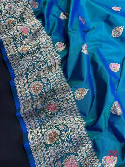 Pure Banarasi  Handloom Katan Silk Antique Meena Zari Saree In Shades Of Blue