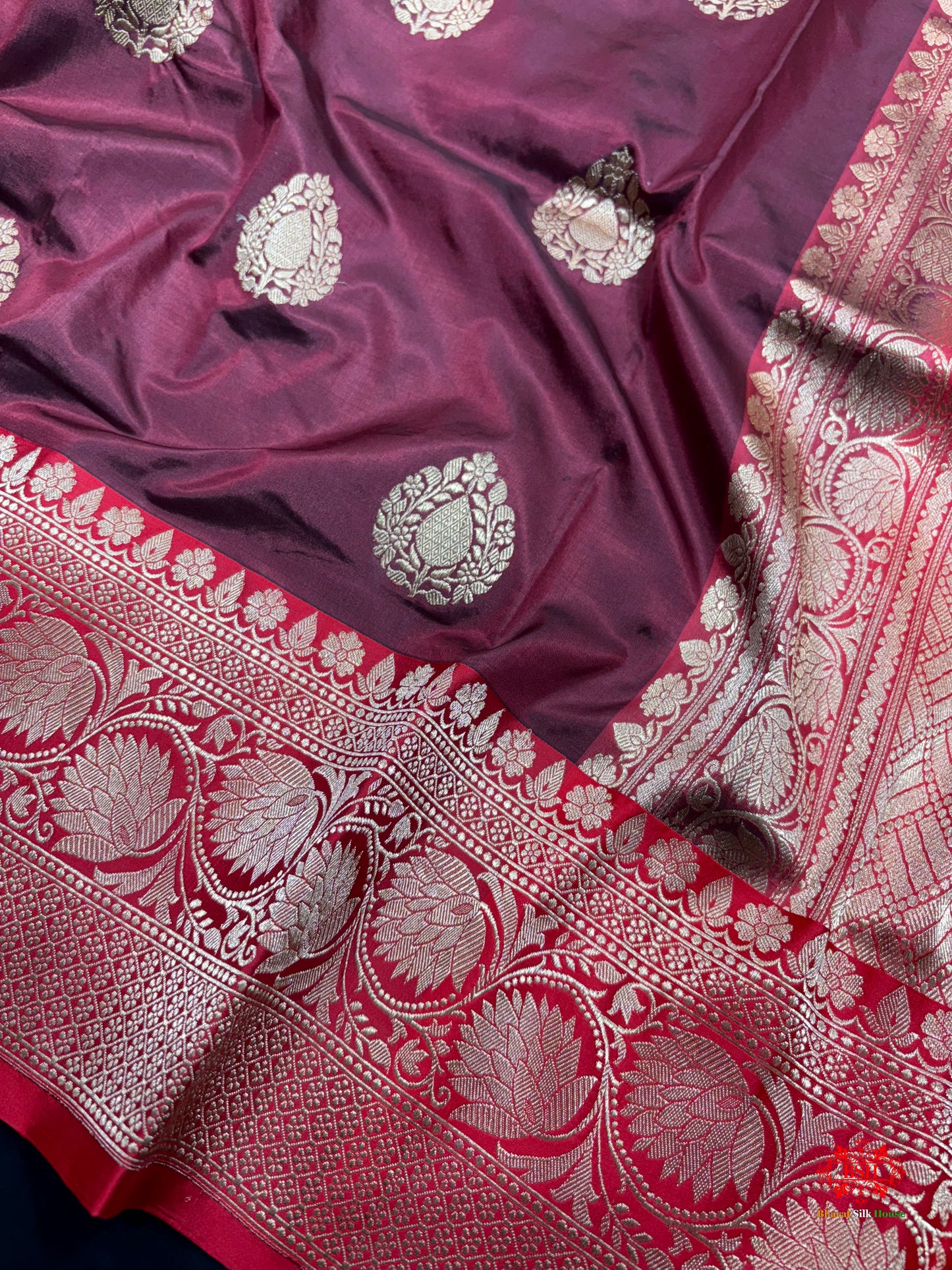 Pure Banarasi  Handloom Katan Silk  Antique Zari Saree In Shades Of Garnet