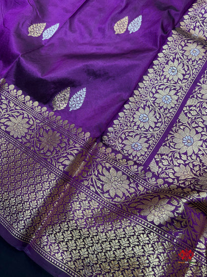 Pure Banarasi  Handloom Katan Silk  Antique Dual Zari Saree In Shades Of Indigo Blue