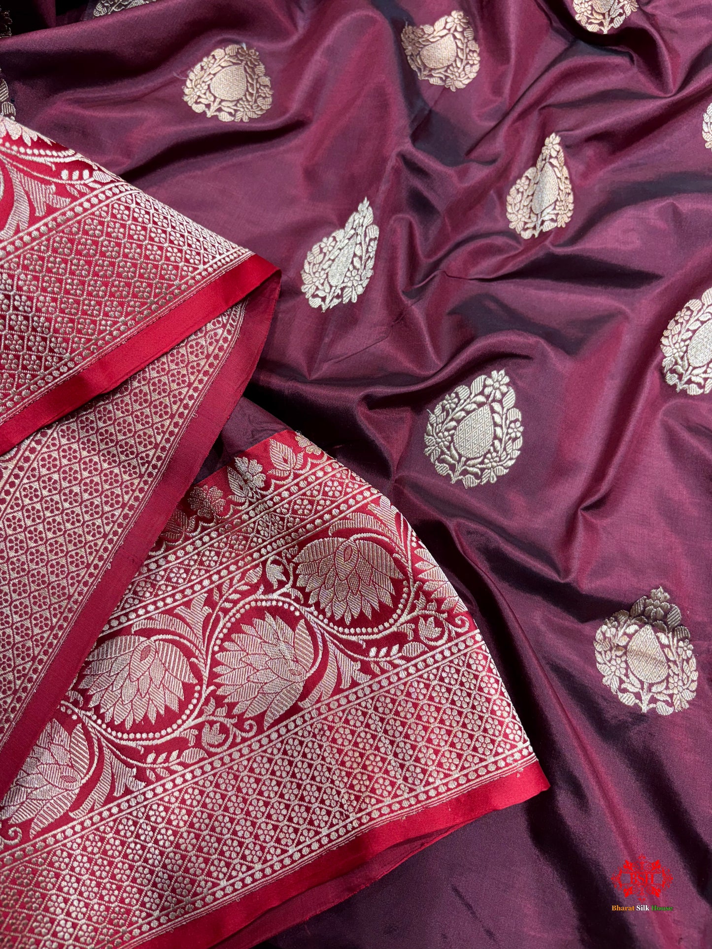 Pure Banarasi  Handloom Katan Silk  Antique Zari Saree In Shades Of Garnet