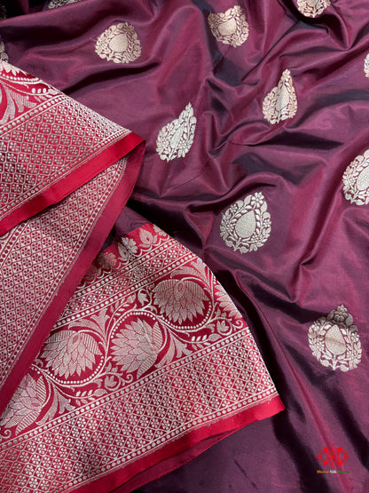 Pure Banarasi  Handloom Katan Silk  Antique Zari Saree In Shades Of Garnet