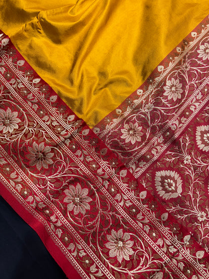 Pure Banarasi  Handloom Katan Silk Reshami Zari Saree In Shades Of Mustard Yellow With Red Border