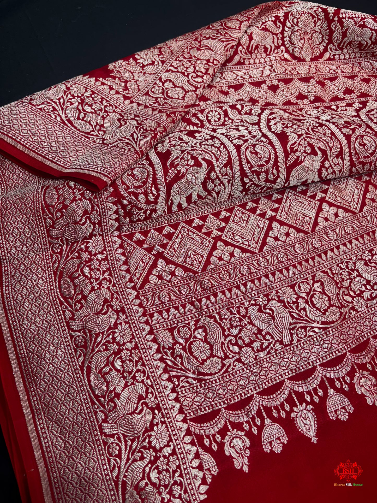 Pure Silk Crape Khaddi Georgette Saree With Antique Zari In Shades Of Blush Red