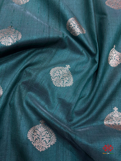 Green Shade With Meena Border Pure Banarasi Tusser Moonga Silk Saree