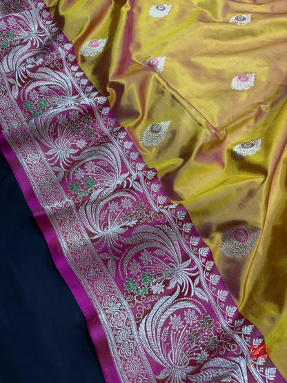 Pure Banarasi  Handloom Katan Silk Antique Meena Zari Saree In Cross Shades Of Yellow/Pink