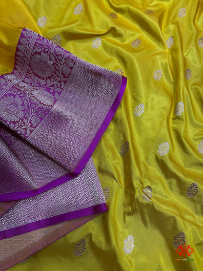 Pure Banarasi  Handloom Katan Silk Antique Zari Saree In Shades Of Yellow