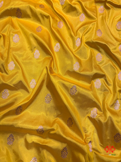 Pure Banarasi  Handloom Katan Silk Antique Zari Saree In Shades Of Yellow