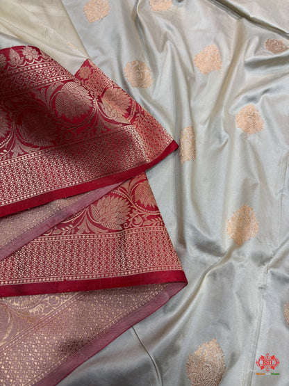 Pure Banarasi  Handloom Katan Silk  Antique Zari Saree In Shades Of White