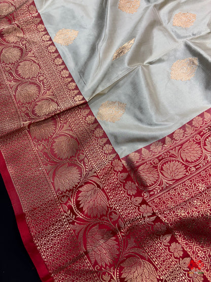 Pure Banarasi  Handloom Katan Silk  Antique Zari Saree In Shades Of White