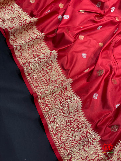 Pure Banarasi  Handloom Katan Silk  Antique Dual  Zari Saree In Shades Of Red