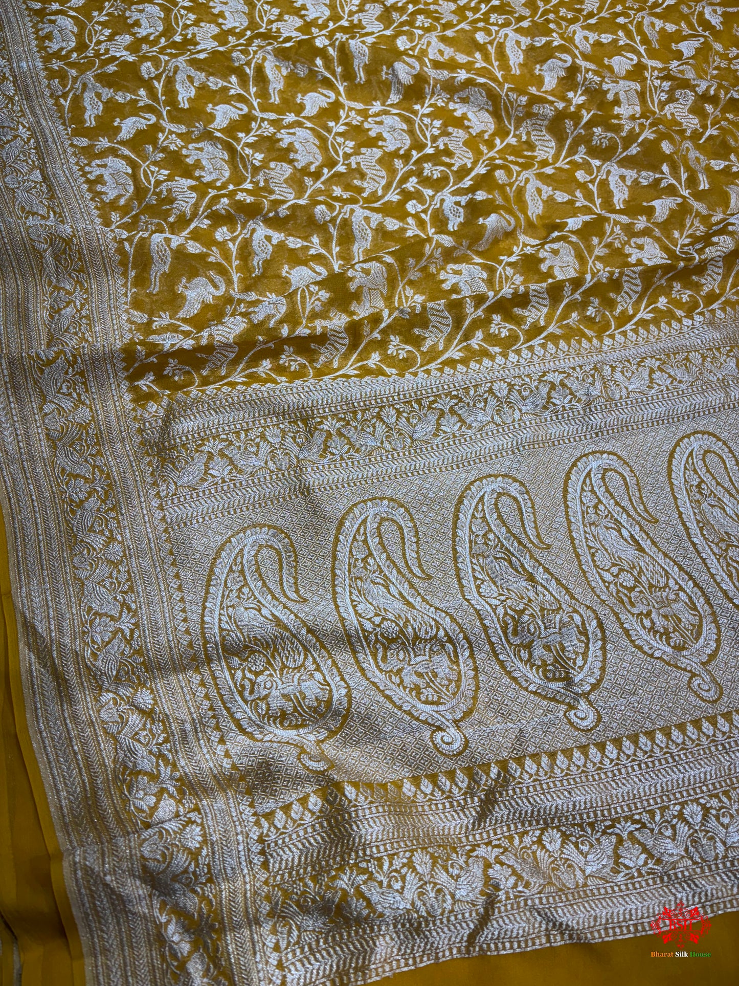 Shade Of Yellow Pure Chiffon Metallic Zari Pure Banarasi Silk Saree