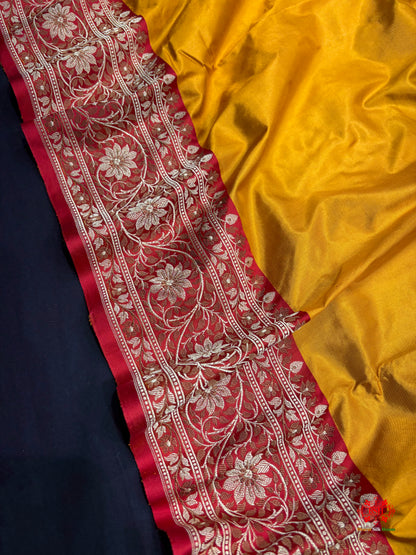 Pure Banarasi  Handloom Katan Silk Reshami Zari Saree In Shades Of Mustard Yellow With Red Border