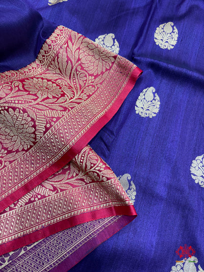 Blue Shade Pure Banarasi Tusser Moonga Silk Saree