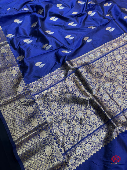 Pure Banarasi  Handloom Katan Silk  Antique Dual Zari Saree In Shades Of Blue