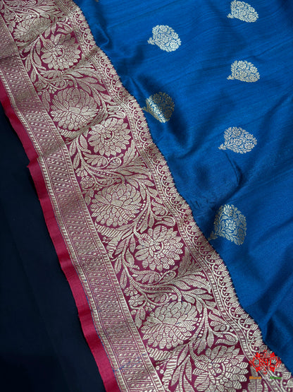 Blue Shade Pure Banarasi Tusser Moonga Silk Saree