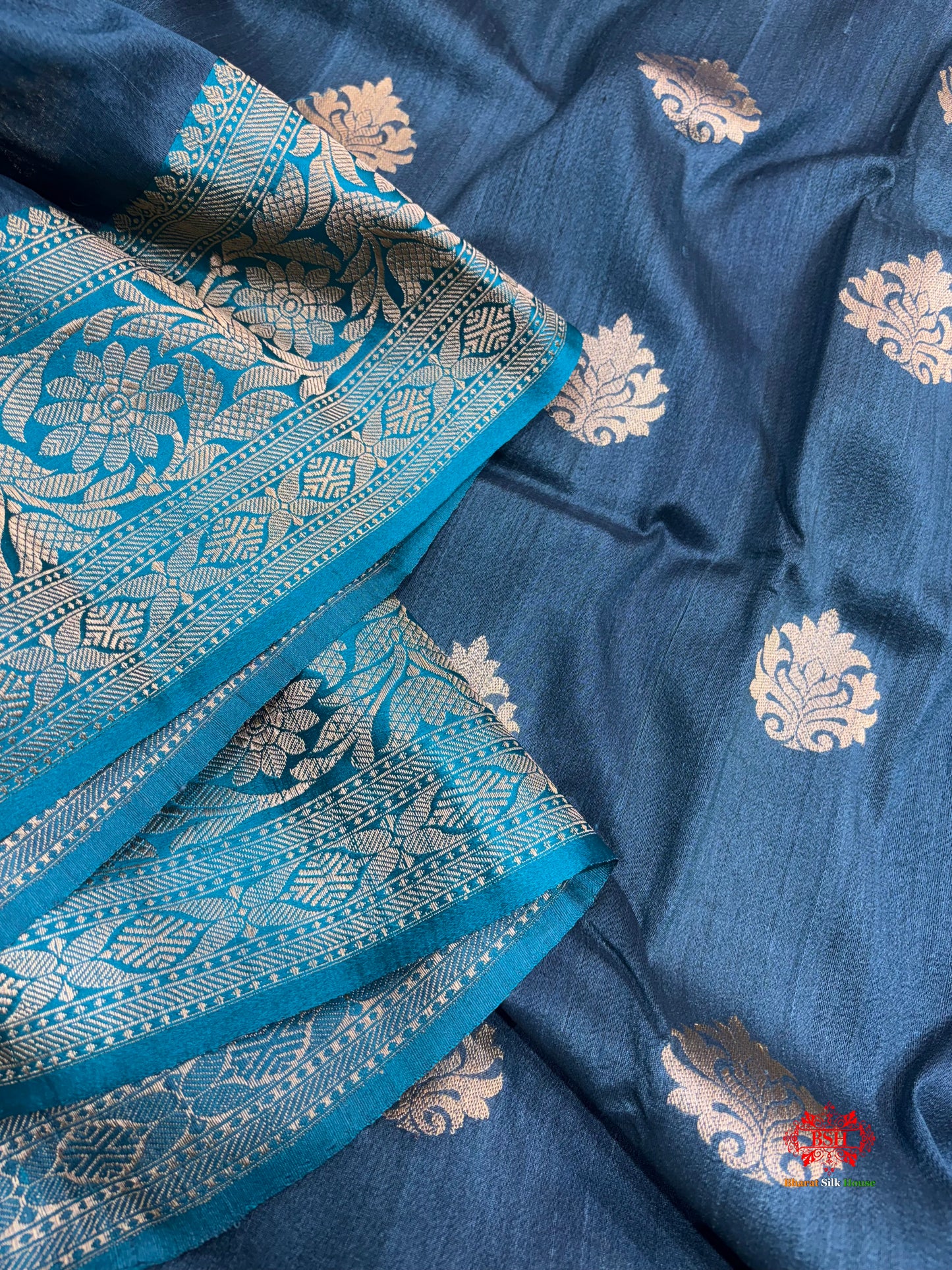 Blue Shade Pure Banarasi Tusser Moonga Silk Saree