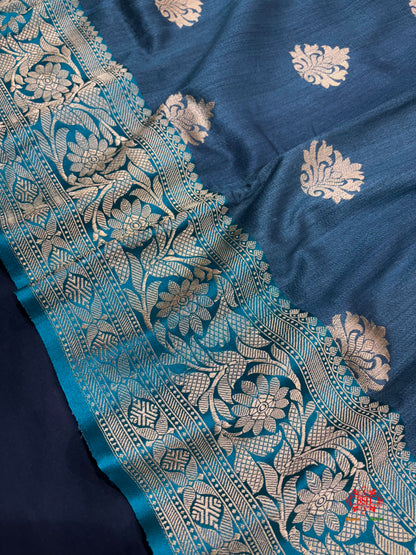 Blue Shade Pure Banarasi Tusser Moonga Silk Saree