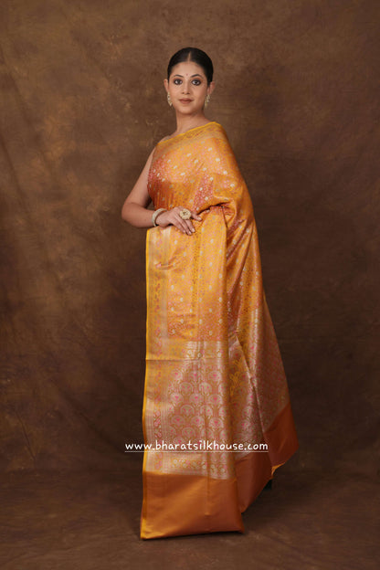 Shades Of Mustard Yellow Dohri Resham Zari  Booti Tanchoi Silk Saree