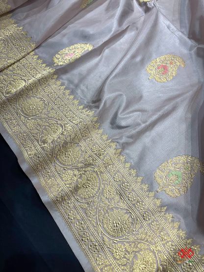 Pure Banarasi  Handloom Katan Silk Antique Zari Meenakari Saree In Shades Of Grey