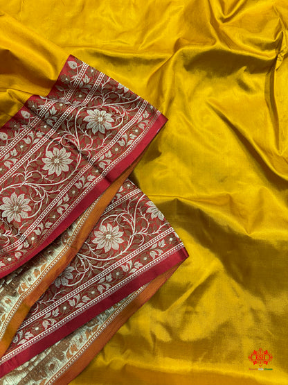 Pure Banarasi  Handloom Katan Silk Reshami Zari Saree In Shades Of Mustard Yellow With Red Border