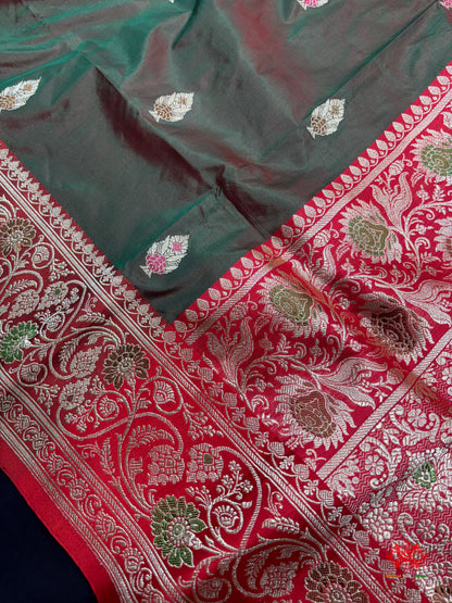 Pure Banarasi  Handloom Katan Silk Antique Meena Zari Saree In Cross Shades Of Green/Red