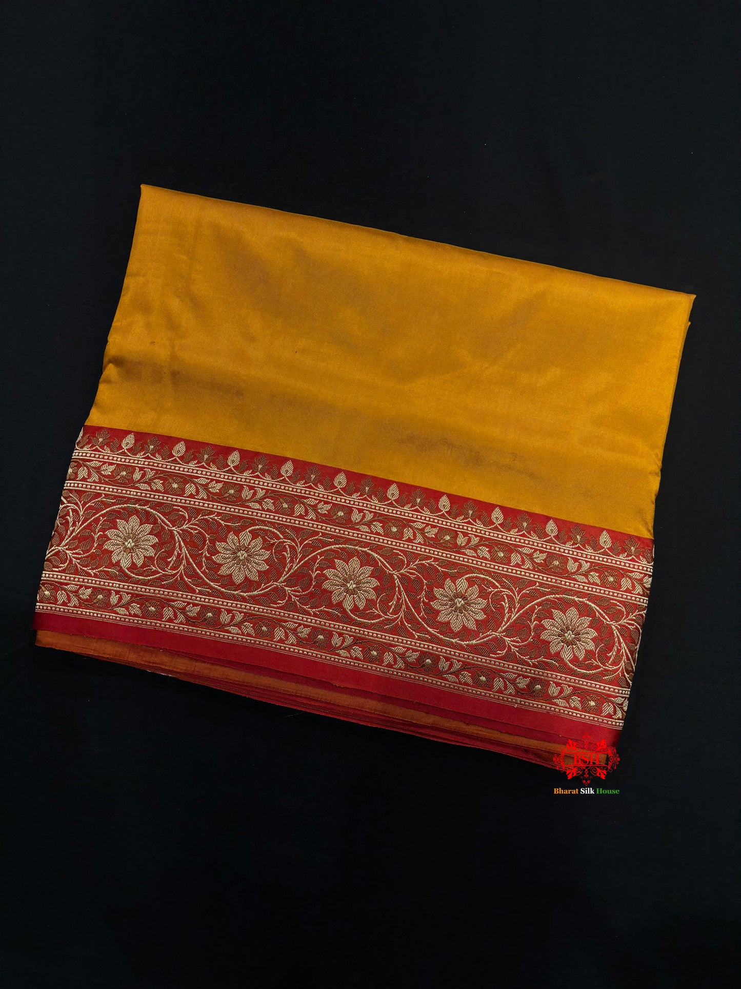 Pure Banarasi  Handloom Katan Silk Reshami Zari Saree In Shades Of Mustard Yellow With Red Border