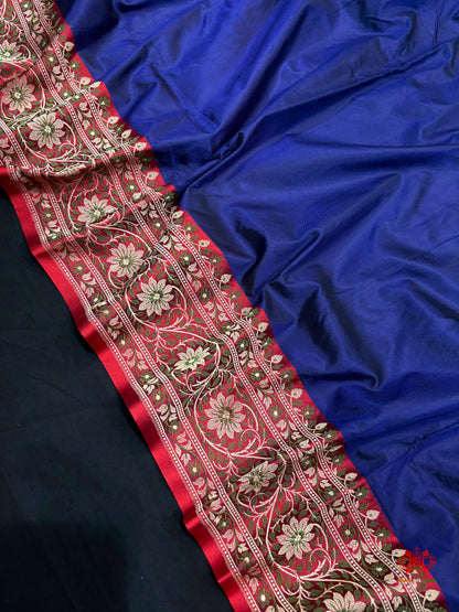 Pure Banarasi  Handloom Katan Silk  Reshami Zari Saree In Shades Of Navy Blue With Red Border