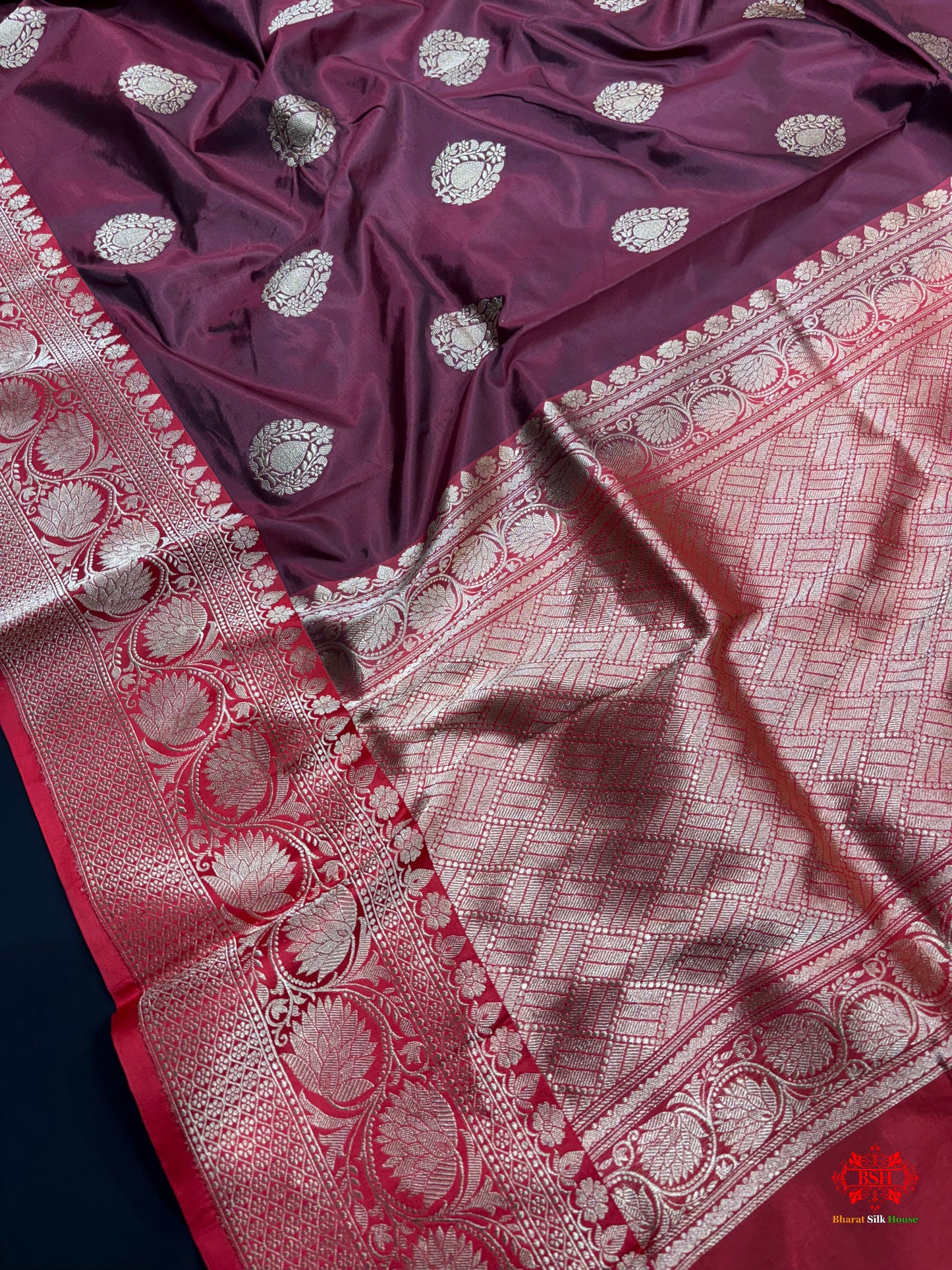 Pure Banarasi  Handloom Katan Silk  Antique Zari Saree In Shades Of Garnet